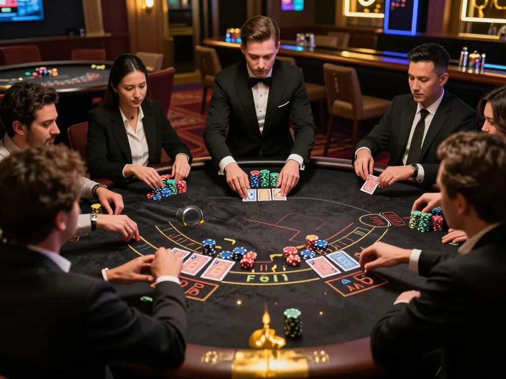 GA88 players strategizing their moves at an upscale blackjack table in an elegant casino.