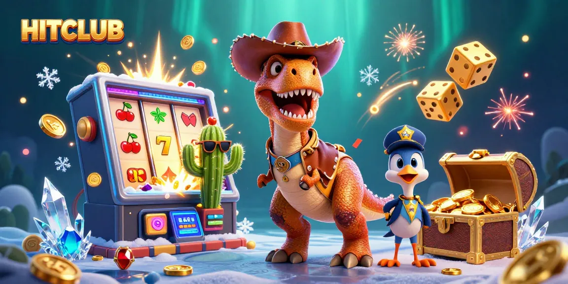 Join HITCLUB's exciting slots with a T-Rex dinosaur and colorful jackpot winning scene!
