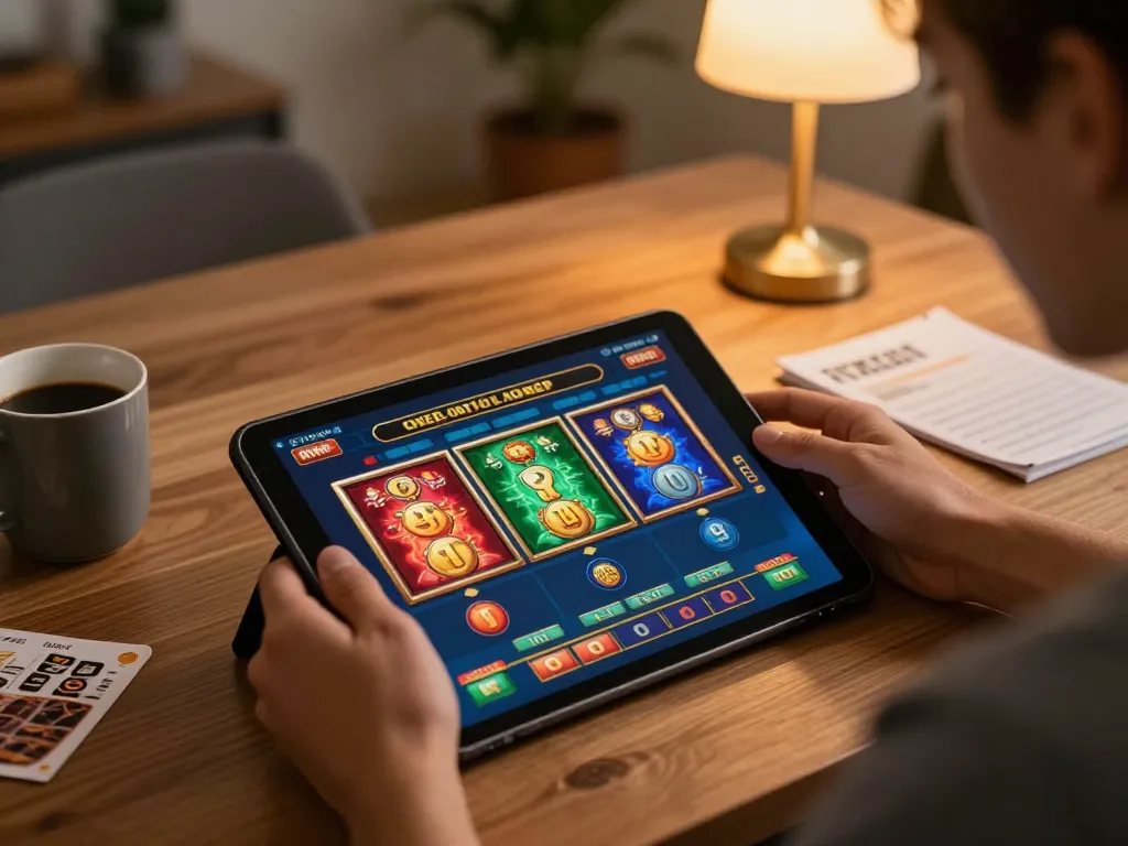 Player engaging with MI88 SLOT games on a tablet in a cozy home setting, enhancing online gambling experience.