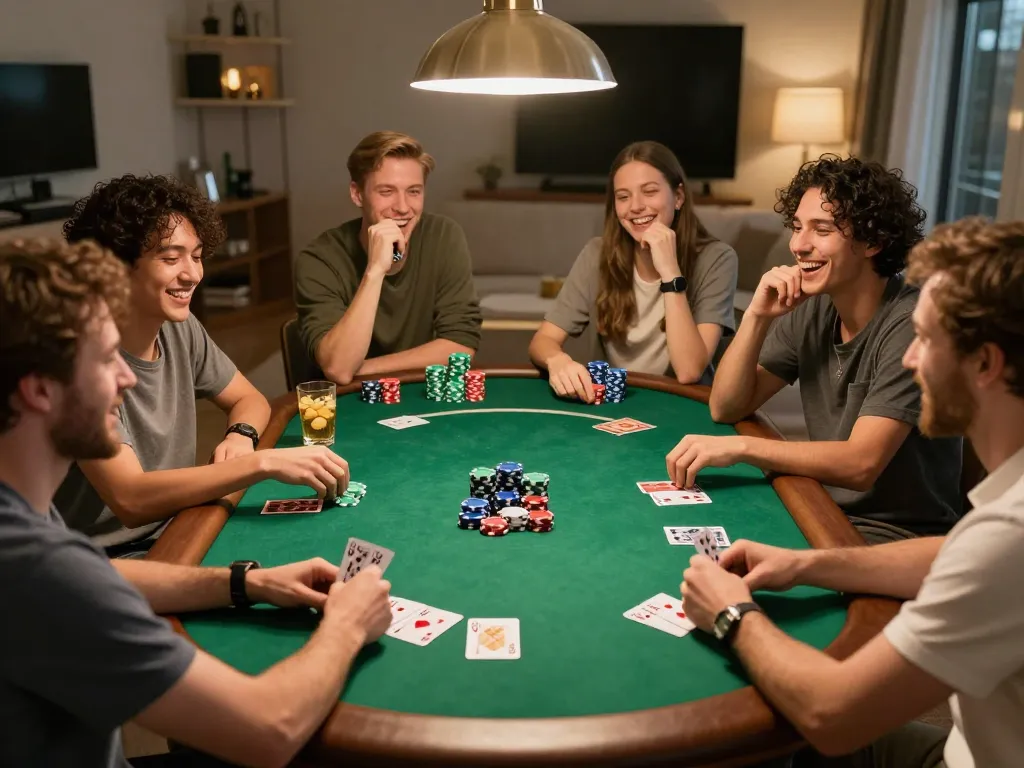 Friends enjoy a lively poker game at home, engaging in strategy and fun on Go8.
