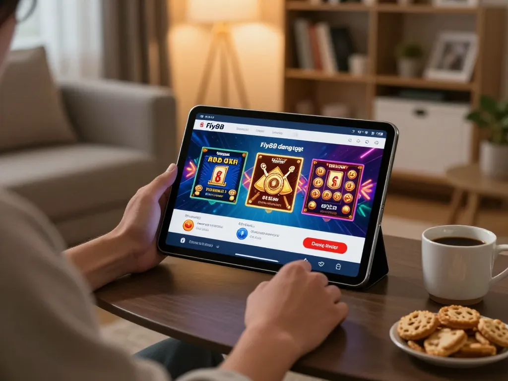 Engaging with fly88 đăng nhập on tablet in a cozy home gaming setup with snacks and warm lighting