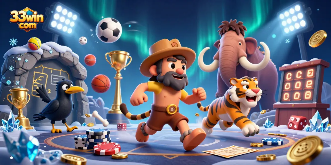 Experience the excitement at 33win com with a vibrant prehistoric casino scene featuring dynamic sports elements.