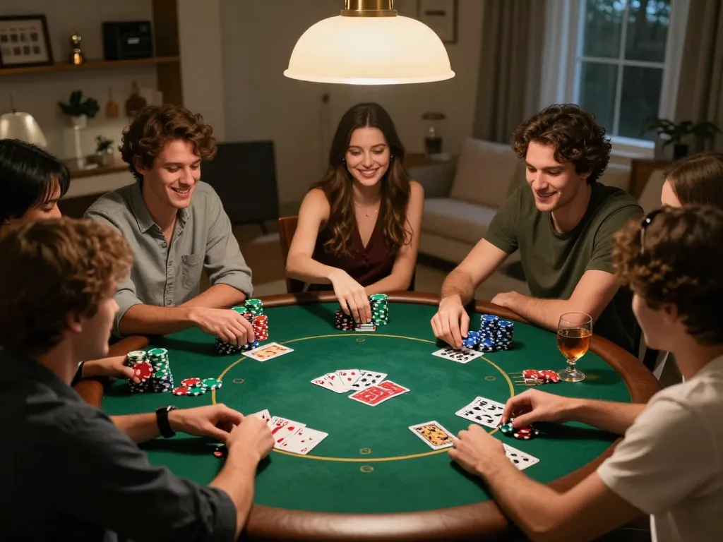 Friends enjoying a lively poker night at home, showcasing a fun gambling experience with uu88 atmosphere.
