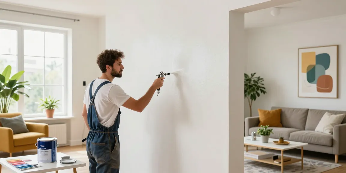 Vakkundige professional gebruikt de latex spuiten techniek om een moderne woonkamer te schilderen