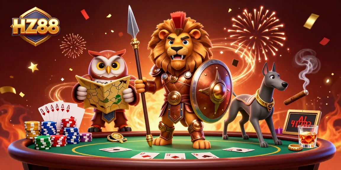 Join the action at HZ88 with a vibrant casino scene featuring poker elements and lively characters.