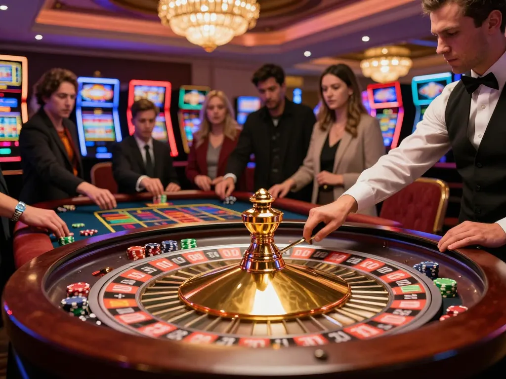 A thrilling roulette game at https://vb88.llc/ with players placing bets on vibrant casino table, croupier spinning wheel.