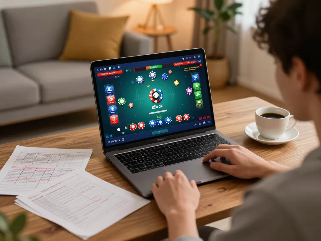 Player engaging in xóc đĩa online, using strategies with a laptop and notes.