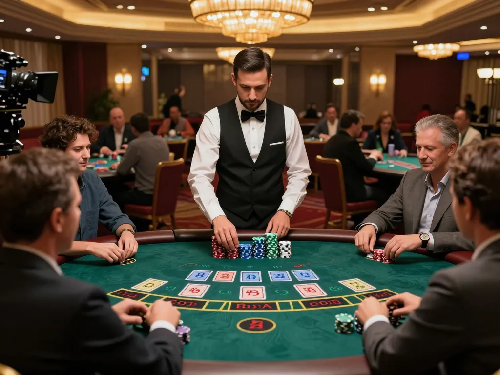 Engage in strategic gameplay with CODE VUA88 at a luxurious blackjack table in a vibrant casino.