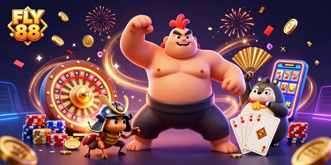 FLY 88 features vibrant characters celebrating with coins, roulette, and cards in a dynamic casino scene.