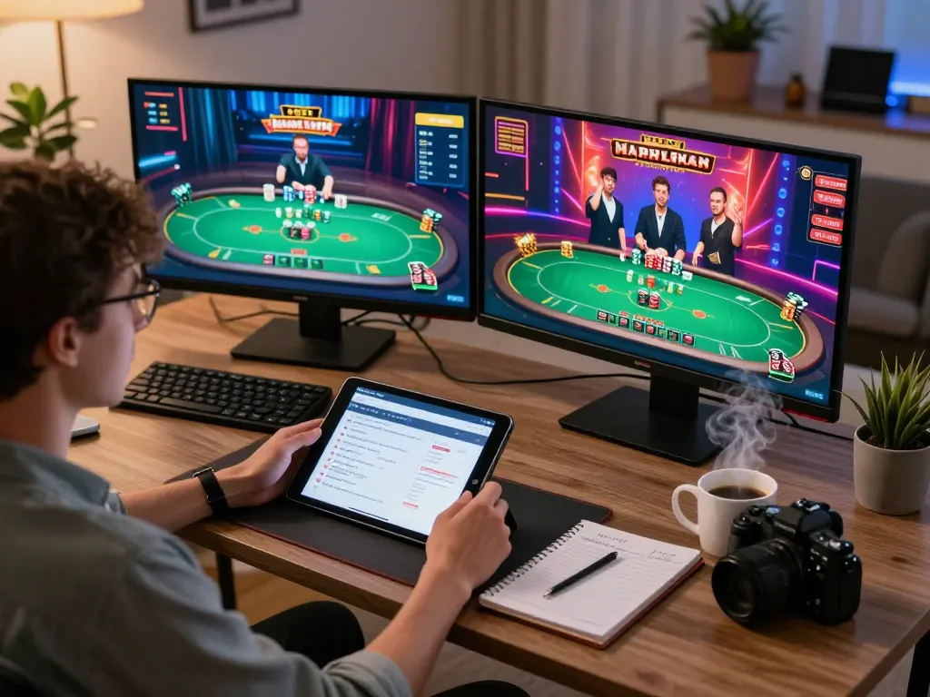 A player engaged in a 9 bet online poker game, showcasing their tablet with a betting strategy amid a cozy home office.