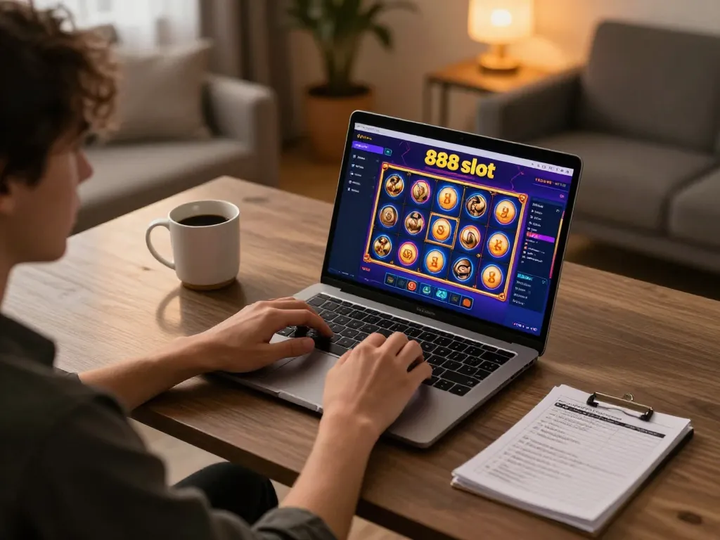 Player enjoying 888slot on a laptop with strategies and cozy home vibes.