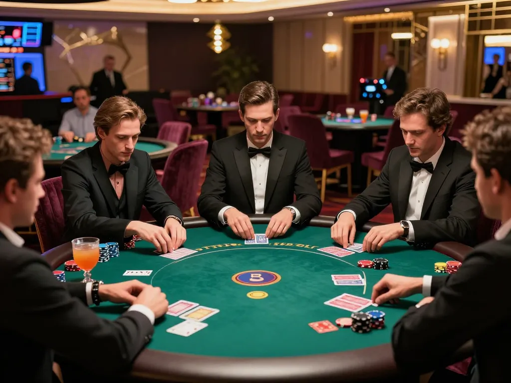 XIBET poker players strategizing bets at a luxury casino table.