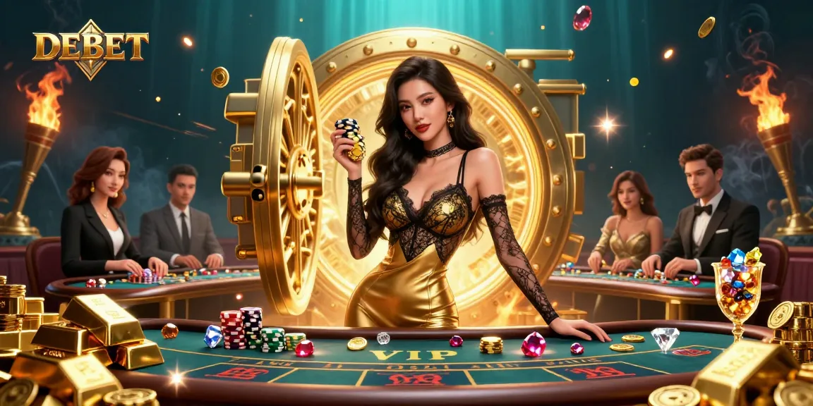 Play baccarat at DEBET with a glamorous Asian woman showcasing high-value chips amidst treasures.