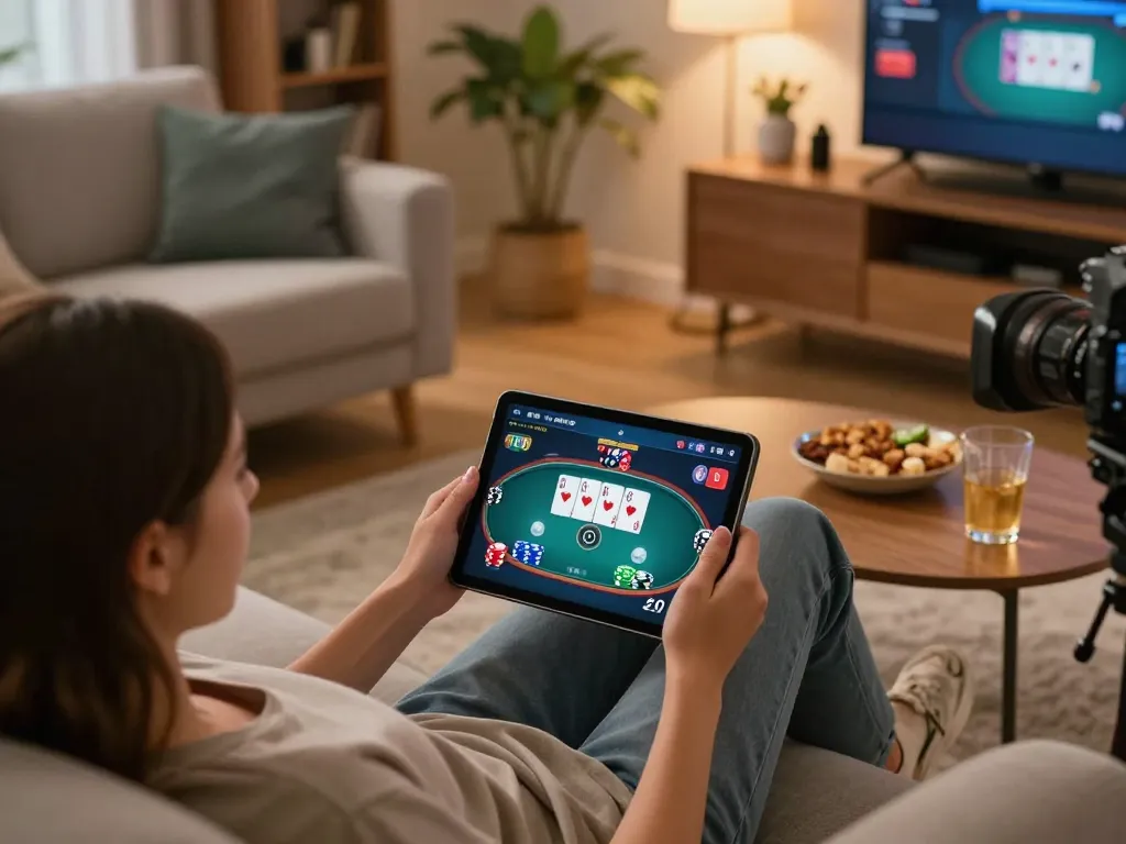 Player engaging with RR88 online poker game on tablet, showcasing interactive interface and home atmosphere