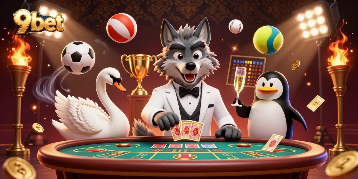 Experience dynamic sports betting action with 9bet featuring a debonair wolf and elegant dealer.