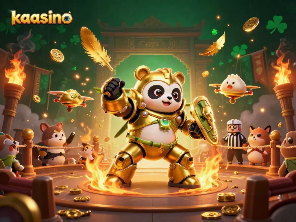 Kaasino presents a thrilling casino battle scene with a golden panda in a mech robot, showcasing exciting gaming elements.