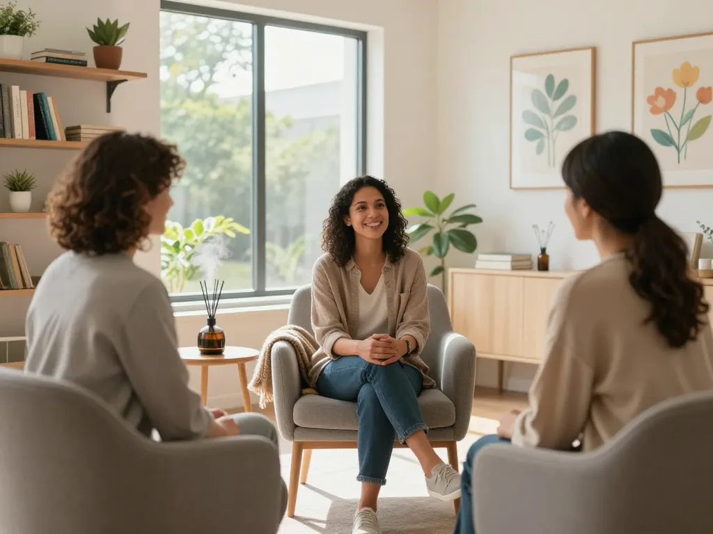 Betrokken therapiesessie bij Emendare, met een gastvrije omgeving gericht op ondersteuning van de geestelijke gezondheid.