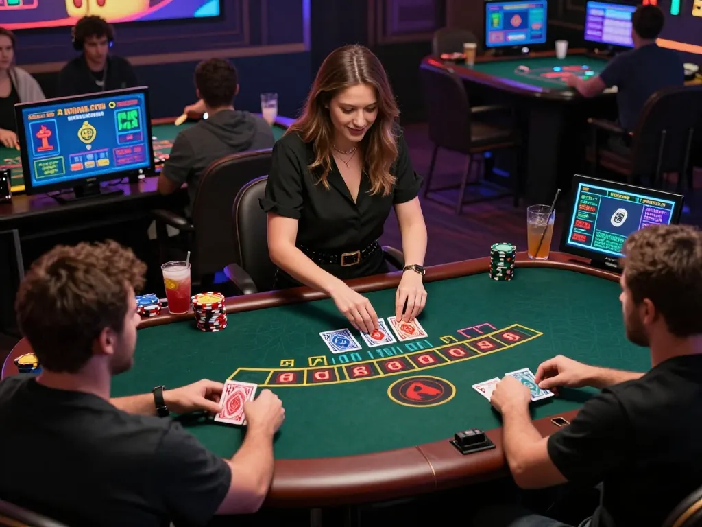 Các người chơi LUCK8 đang đặt cược tại một bàn blackjack trực tiếp hấp dẫn trên một casino trực tuyến sôi động.