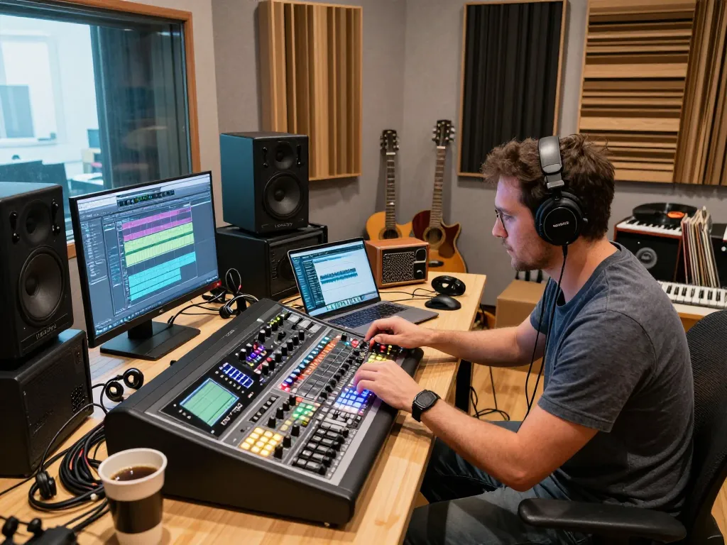 Sound engineer working with Tascam DA88 in a vibrant recording studio.