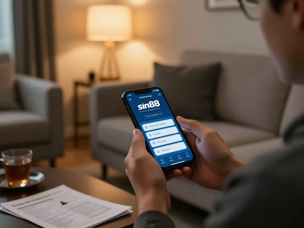 Engaged user placing bets on the sin88 app from a cozy living room.