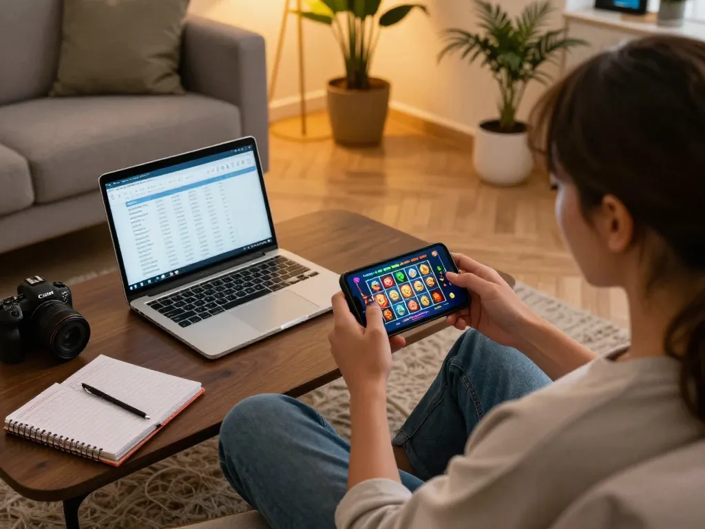 Engaging in mobile gambling on debet com through a smartphone in a cozy home setting.