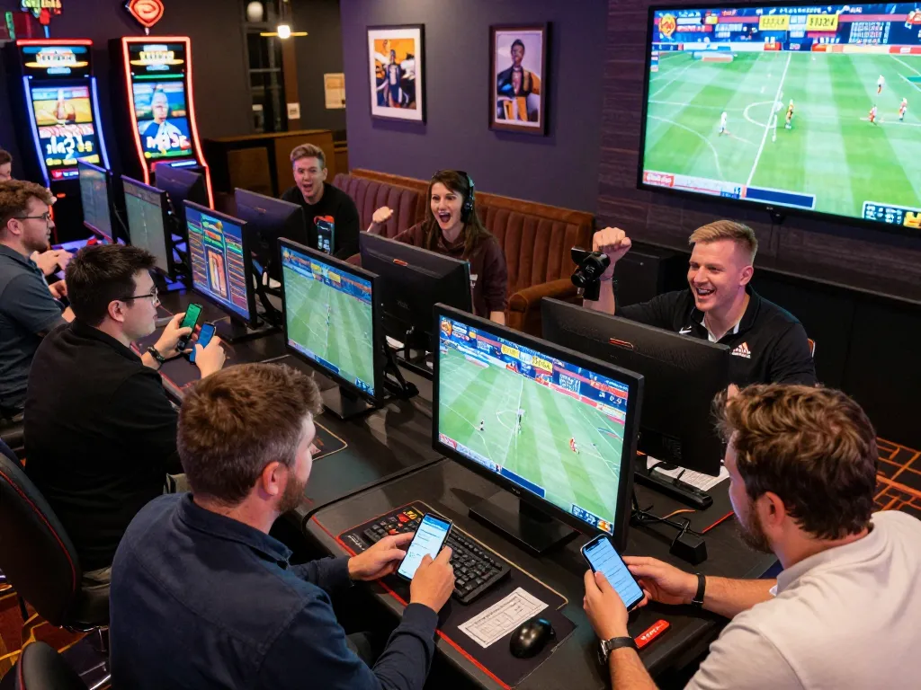 Excited players engaging in sports betting at luck8's vibrant betting area with live event screens.
