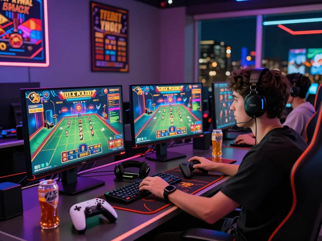 Engaged player enjoying NK88 live casino experience with vibrant graphics and modern gaming setup.