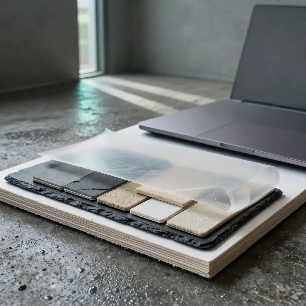 Donkere studio met lagen merkboards, vellum en staalgrijze stalen op nat beton.