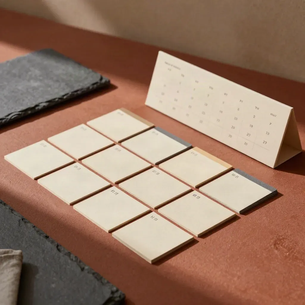 Zestig plankaartjes in maandritme naast een kalenderblok op terracotta licht.
