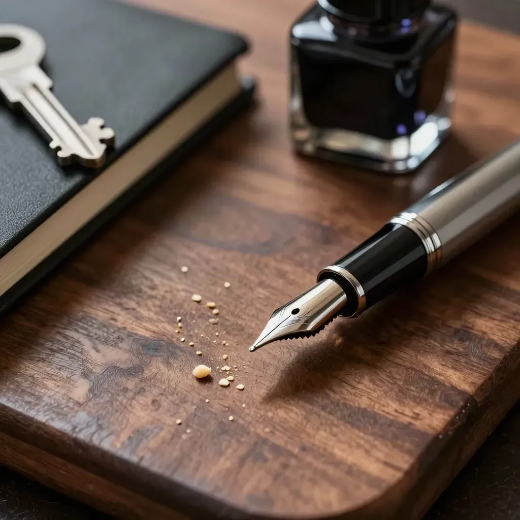 Fountain pen, inktfles en gesloten notitieboek op donker walnoothout met zachte schaduwen.