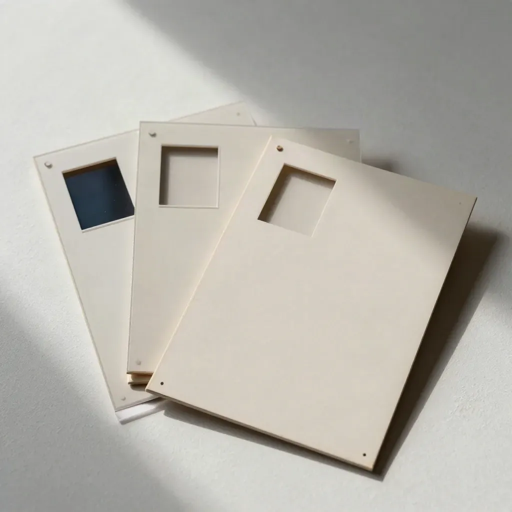 Drie sampleborden met transparante overlays op een lichte pleistervloer voor een merkscan.