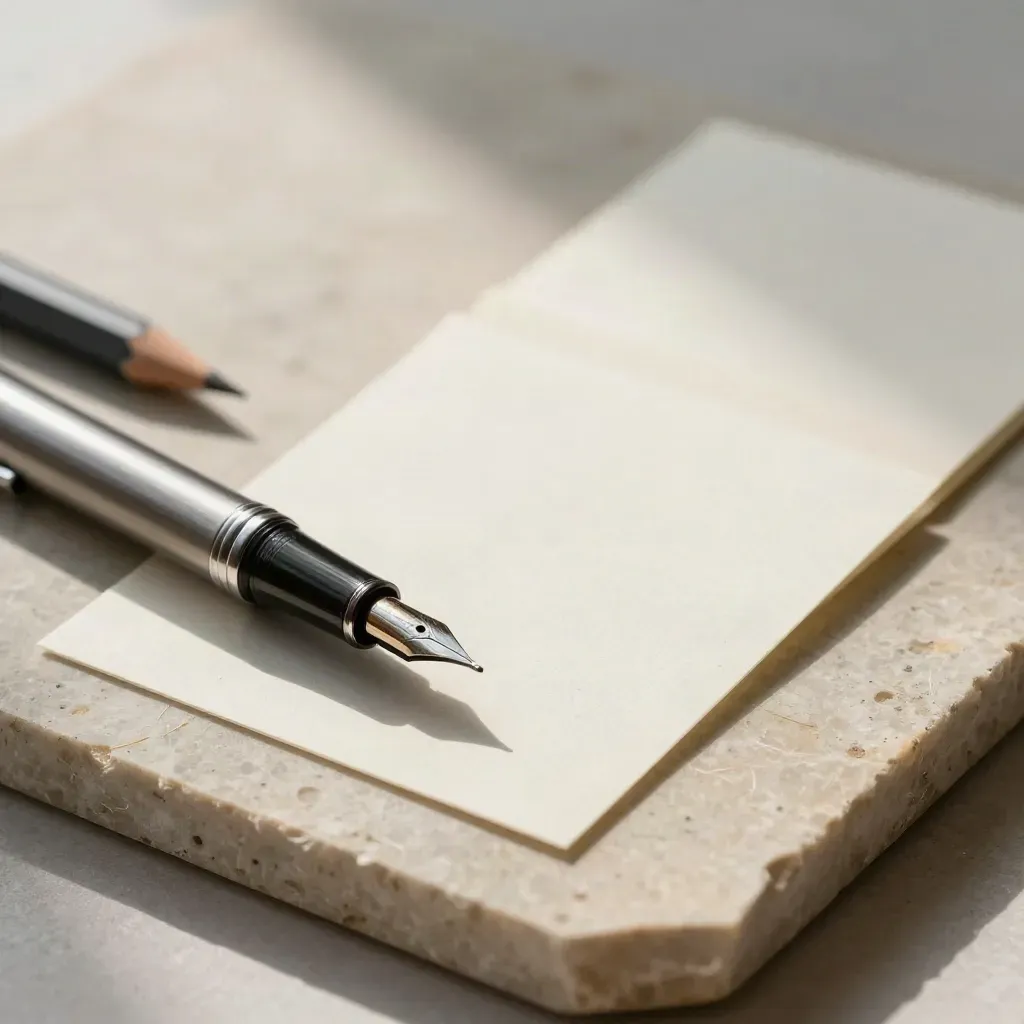 Vulpen, potlood en draftkaarten op een stenen plaat in zacht licht.