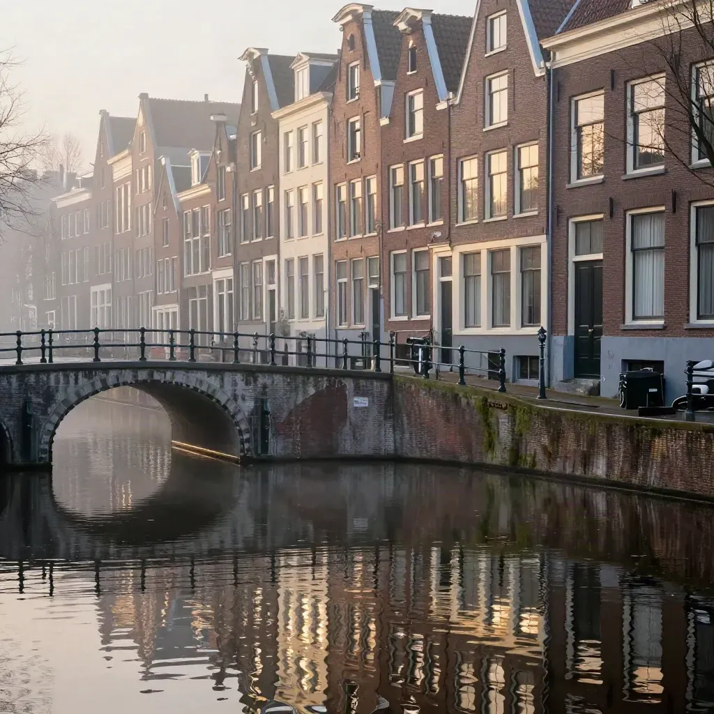 Mistige Amsterdamse gracht bij zonsopkomst met brug en spiegelend water.