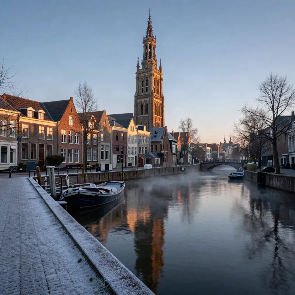 Domtoren en stille Utrechtse kade in warm winterlicht met mist.