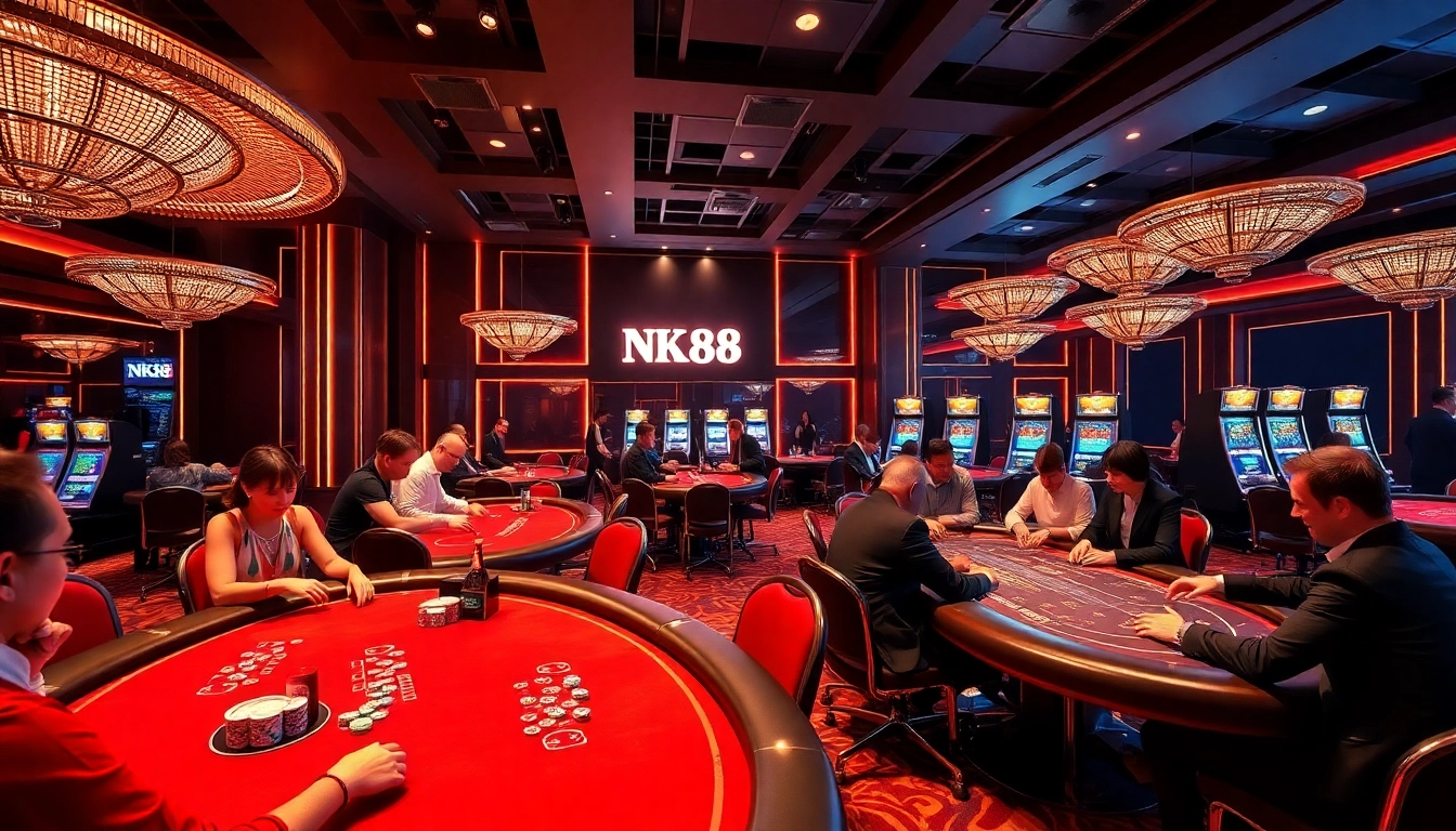Players engaging in an exciting poker game at NK88 casino, showcasing vibrant colors and high-stakes atmosphere.