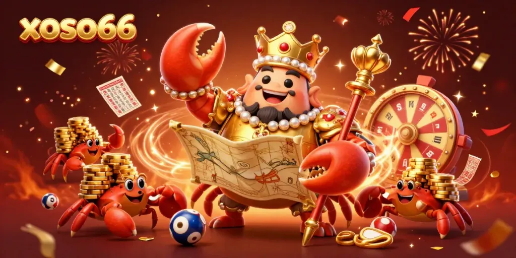 Engage with xoso66 in a dynamic lottery scene featuring a golden crab emperor and colorful game elements.