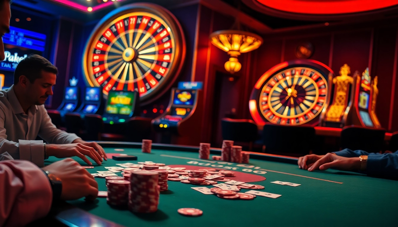 High-stakes poker play at bj 88 casino featuring colorful chips and a roulette wheel.