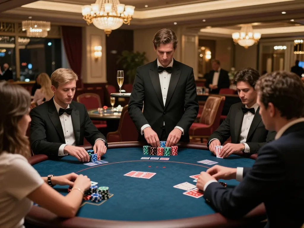 High-stakes poker action at a nohu VIP casino table, players engaged with dealer in luxurious setting.