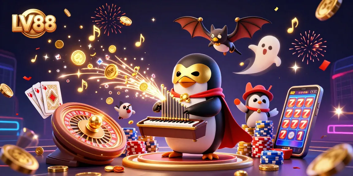 Experience excitement at LV88 with colorful coins flying from a magic organ in this vibrant casino scene.