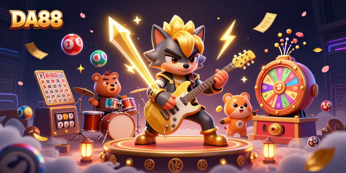 DA88 rock star wolf plays electric guitar on a vibrant casino stage with gaming elements.