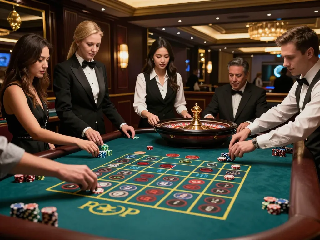 Engaging scene of players at a roulette table, highlighting the excitement of đăng ký 888new in luxury casino gaming.