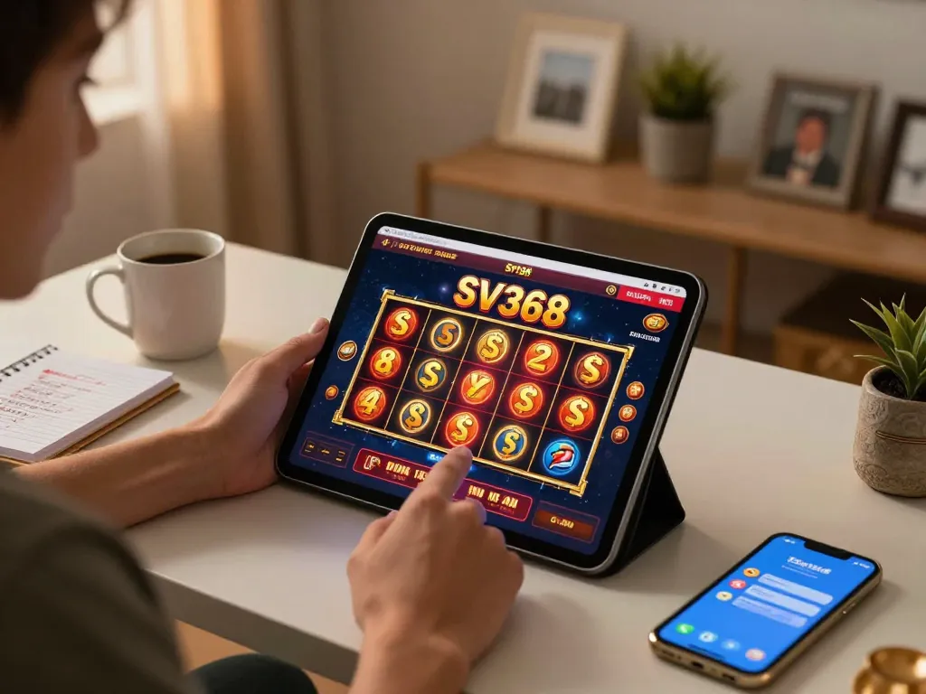 SV368 player engaging with casino app on tablet, showcasing strategic gameplay at home.