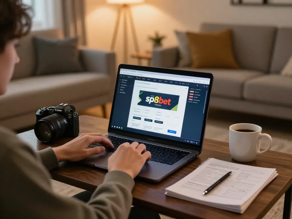 Engaging with sp8bet online on a laptop in a cozy home setting, highlighting responsible gaming.