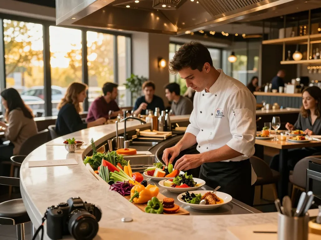 Chef preparing dishes at RED88 restaurant with fresh ingredients in vibrant atmosphere.