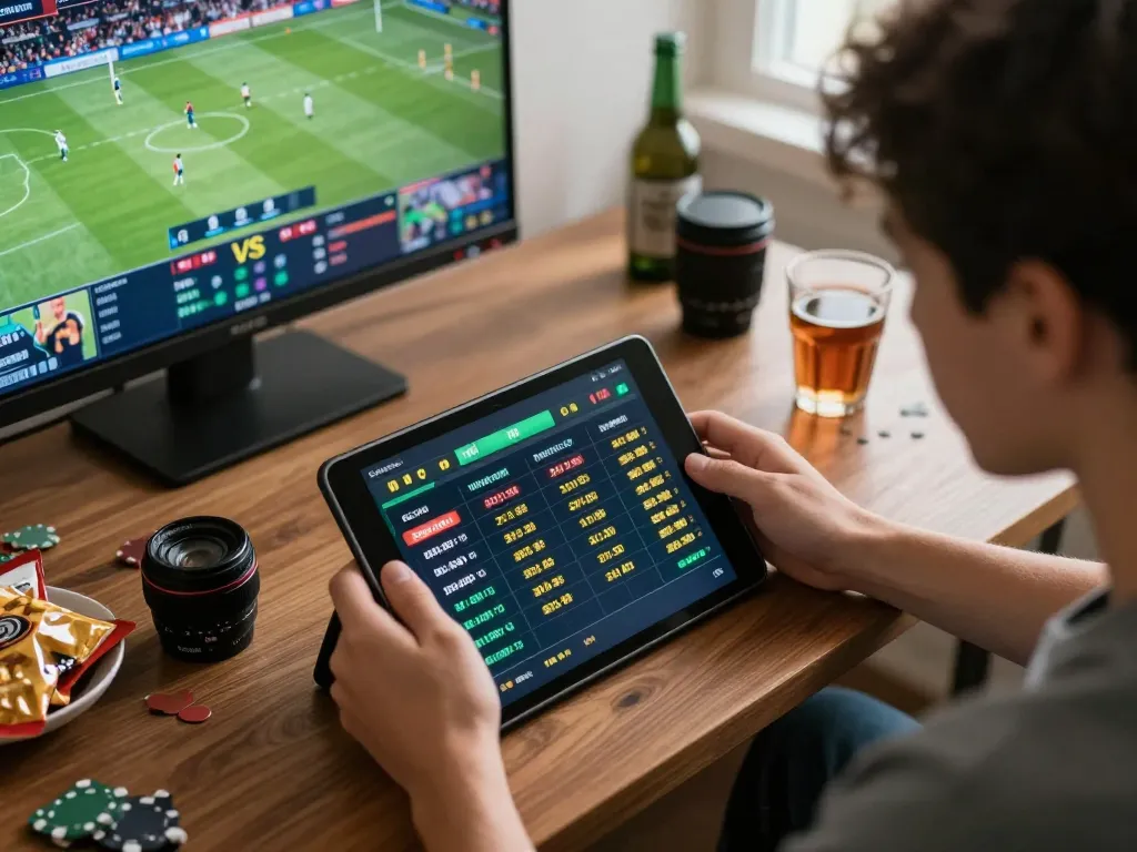 Intensely engaging in sports betting on link CM88 with tablet showing live odds in a cozy home setting.