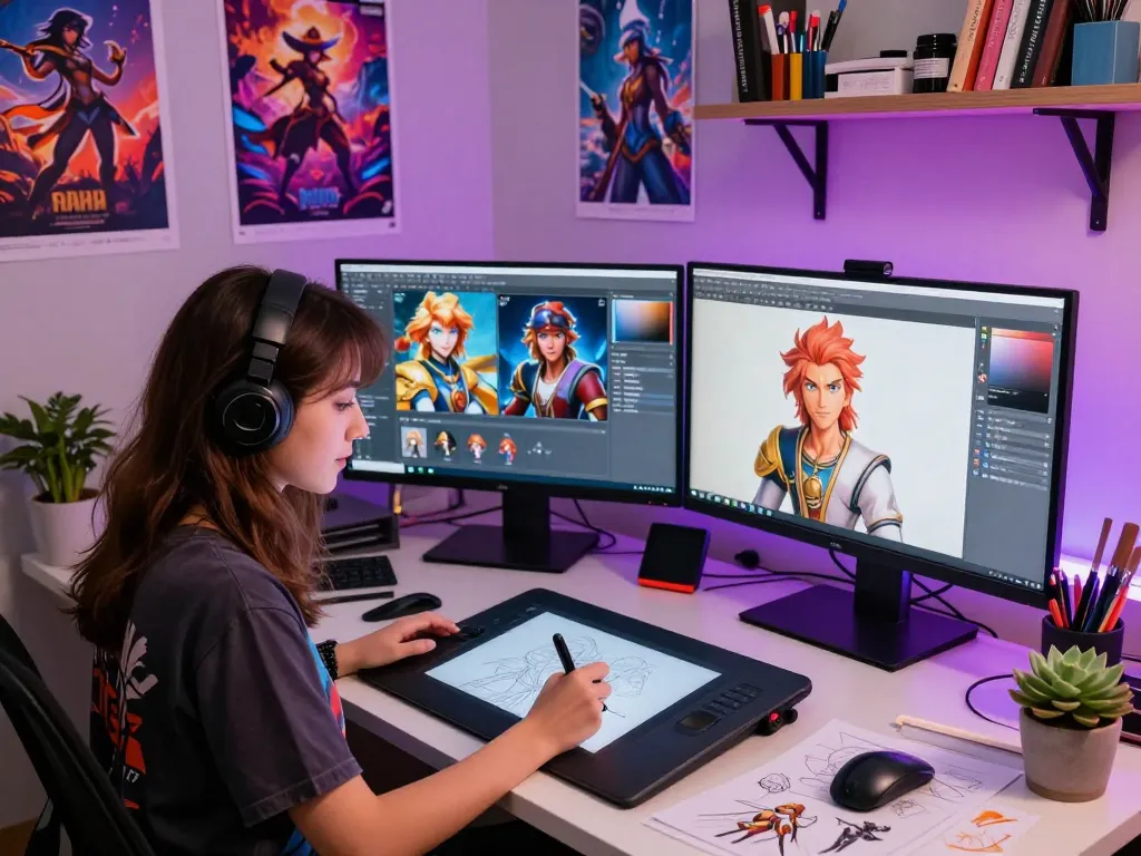 Creative character designer generating engaging ai nsfw avatars in a vibrant studio.