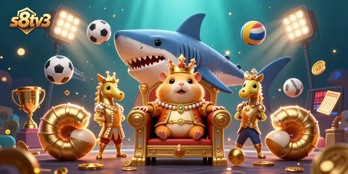 S8TV3 sports betting scene with dynamic elements and a golden hamster king on a megalodon throne