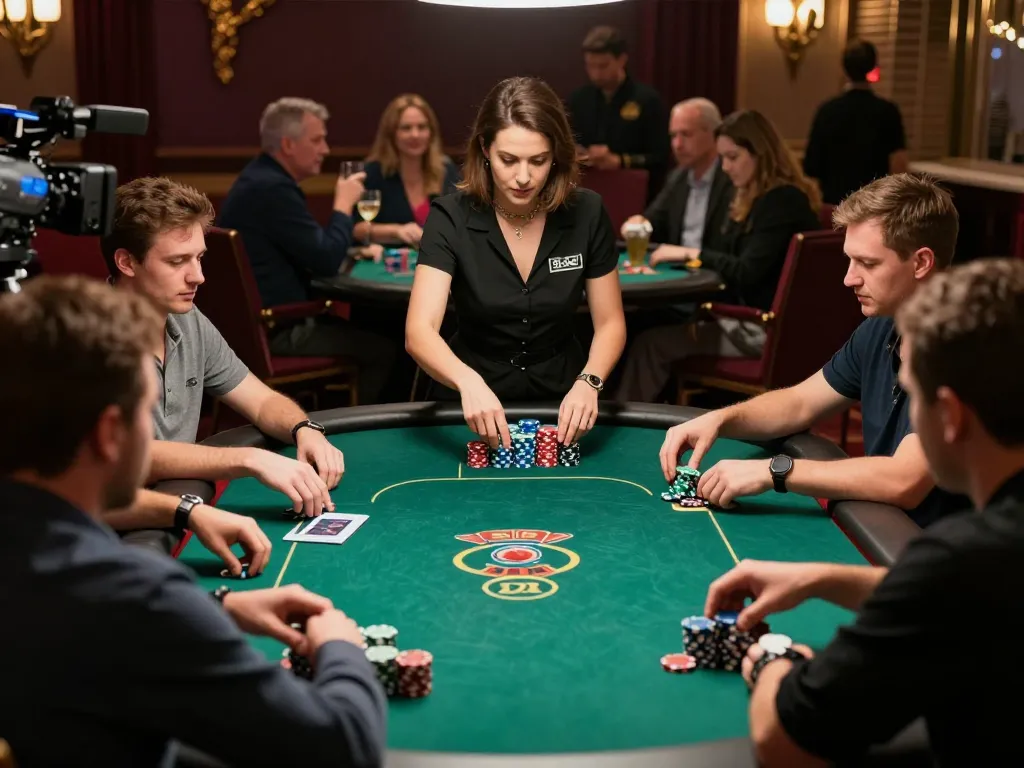 hitclub poker players strategizing around an upscale casino table, engaged in a thrilling game.