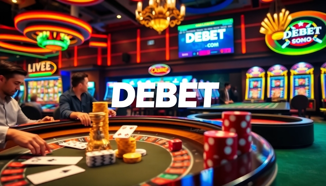 Experience the thrill of DEBET Com as players engage in high-stakes poker and vibrant slot machines.