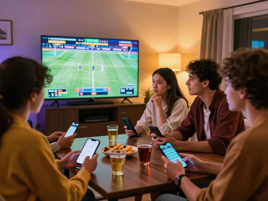 Friends engaging in sports betting at home while viewing live events on a large screen, aa888